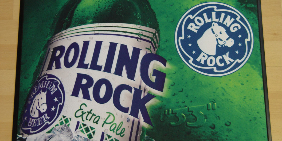 Ad-Mat Premium - beer mat promoting Rolling Rock extra pale lager